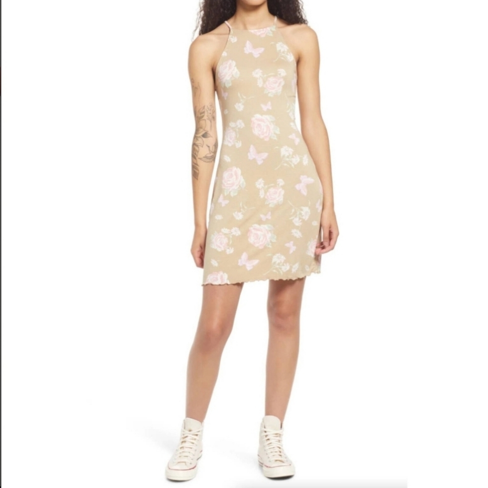NWOT BP Anna Floral Knit Sleeveless Mini Dress Beige Sz M